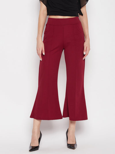 Clora Maroon Regular Fit Solid Bootcut Trousers