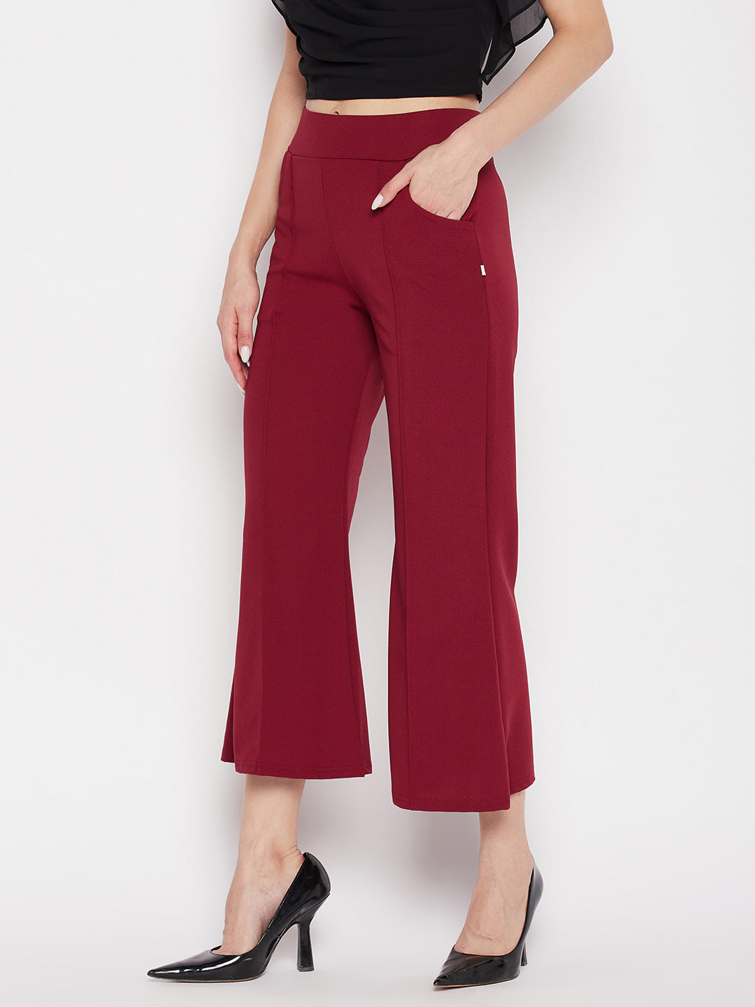 Maroon regular fit solid bootcut trousers with elasticated waistband.
