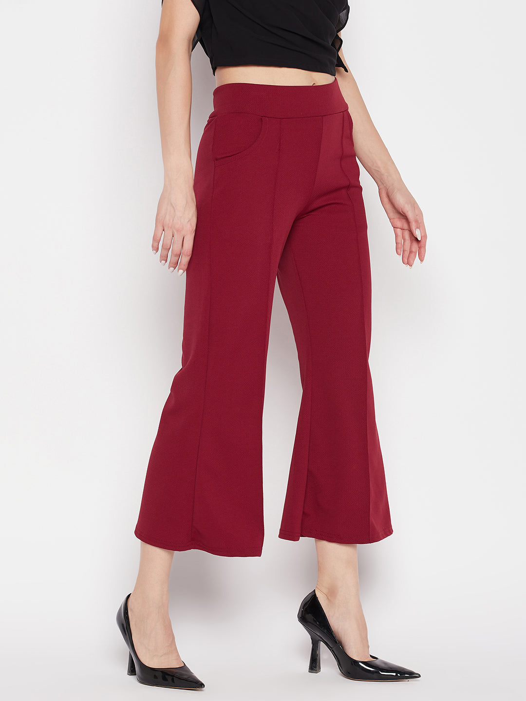 Maroon regular fit solid bootcut trousers with elasticated waistband.