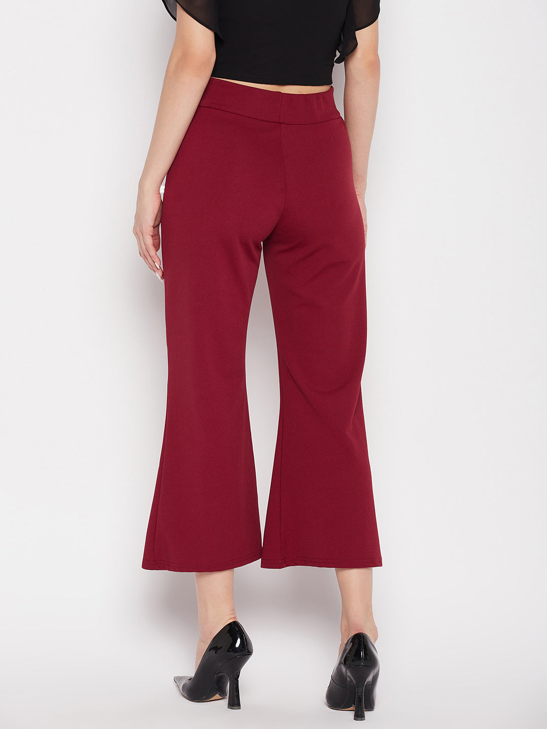 Maroon regular fit solid bootcut trousers with elastic waistband, ankle length.