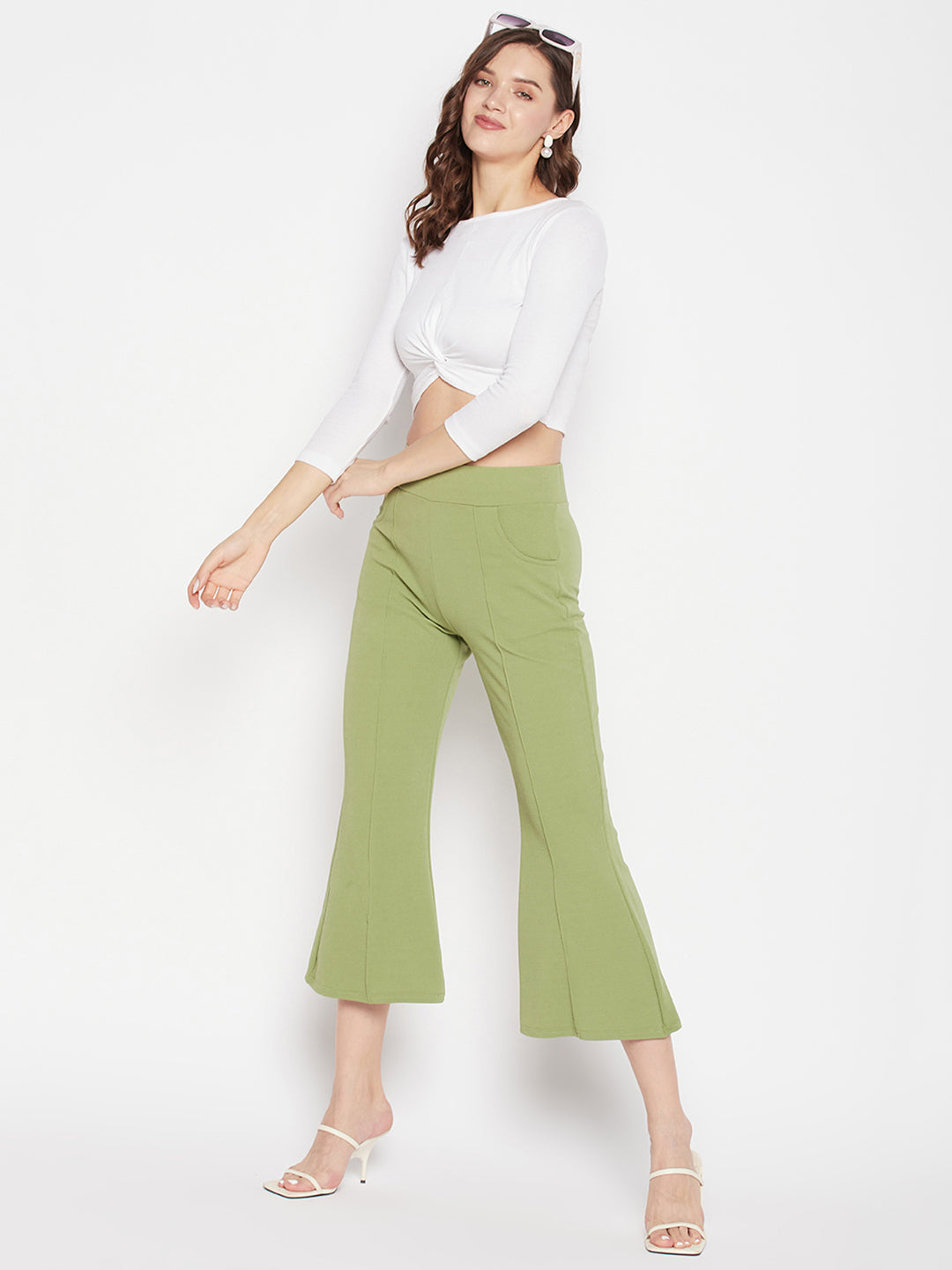 Clora Sea Green Regular Fit Solid Bootcut Trousers