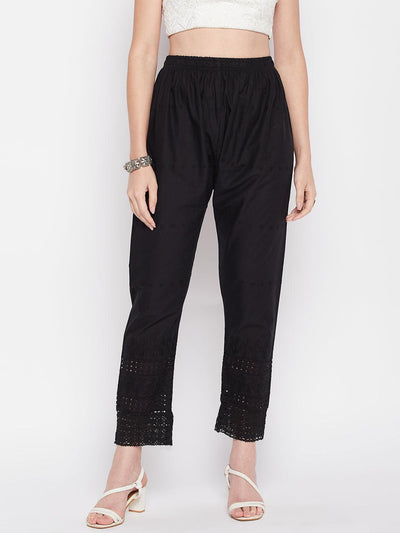 Black embroidered chikankari straight cotton palazzo with elasticated waistband.