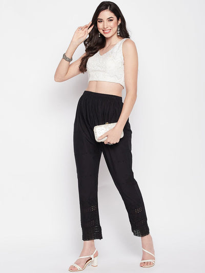 Black embroidered Chikankari straight cotton palazzo with elasticated waistband and drawstring.