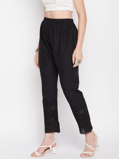 Black embroidered chikankari straight cotton palazzo with elasticated waistband and drawstring.