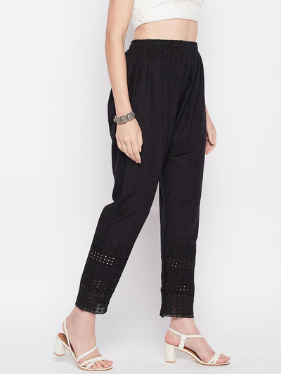 Black embroidered chikankari straight cotton palazzo with elasticated waistband.