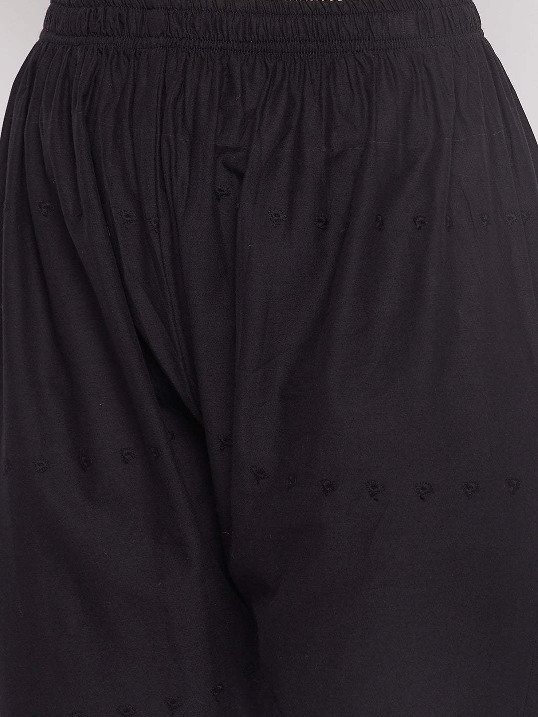 Black embroidered chikankari straight cotton palazzo with elasticated waistband and drawstring.