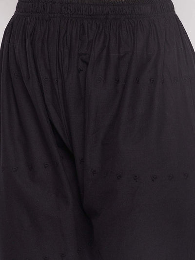Black embroidered chikankari straight cotton palazzo with elasticated waistband and drawstring.
