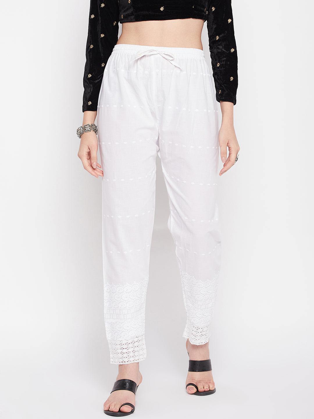 White embroidered Chikankari straight cotton palazzo with elastic waistband and drawstring.