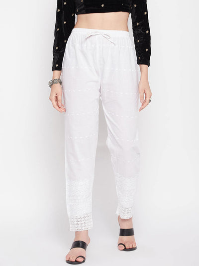 White embroidered Chikankari straight cotton palazzo with elastic waistband and drawstring.