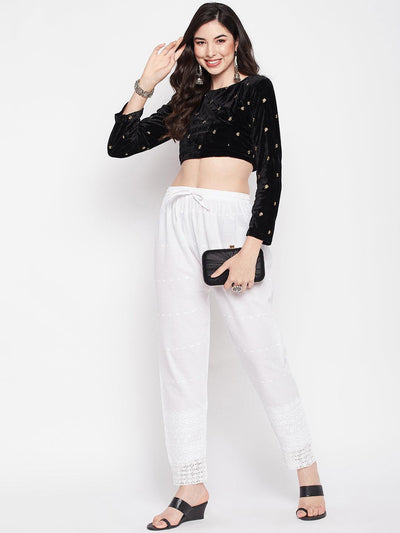 White embroidered Chikankari straight cotton palazzo with elasticated waistband and drawstring.