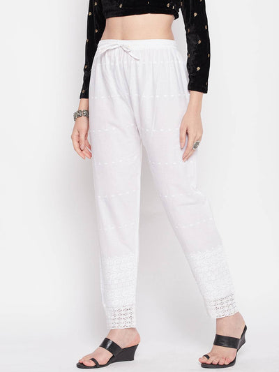 White embroidered chikankari straight cotton palazzo with elasticated waistband.