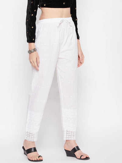 White embroidered chikankari straight cotton palazzo with elasticated waistband.