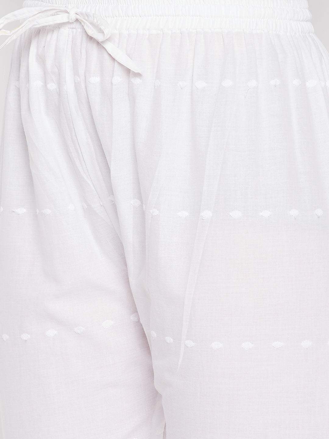 White embroidered Chikankari straight cotton palazzo with elastic waistband and drawstring.