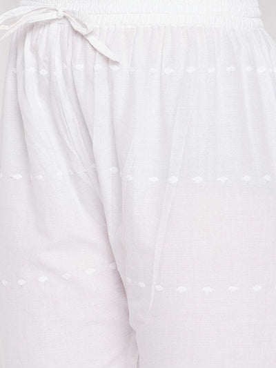 White embroidered Chikankari straight cotton palazzo with elastic waistband and drawstring.