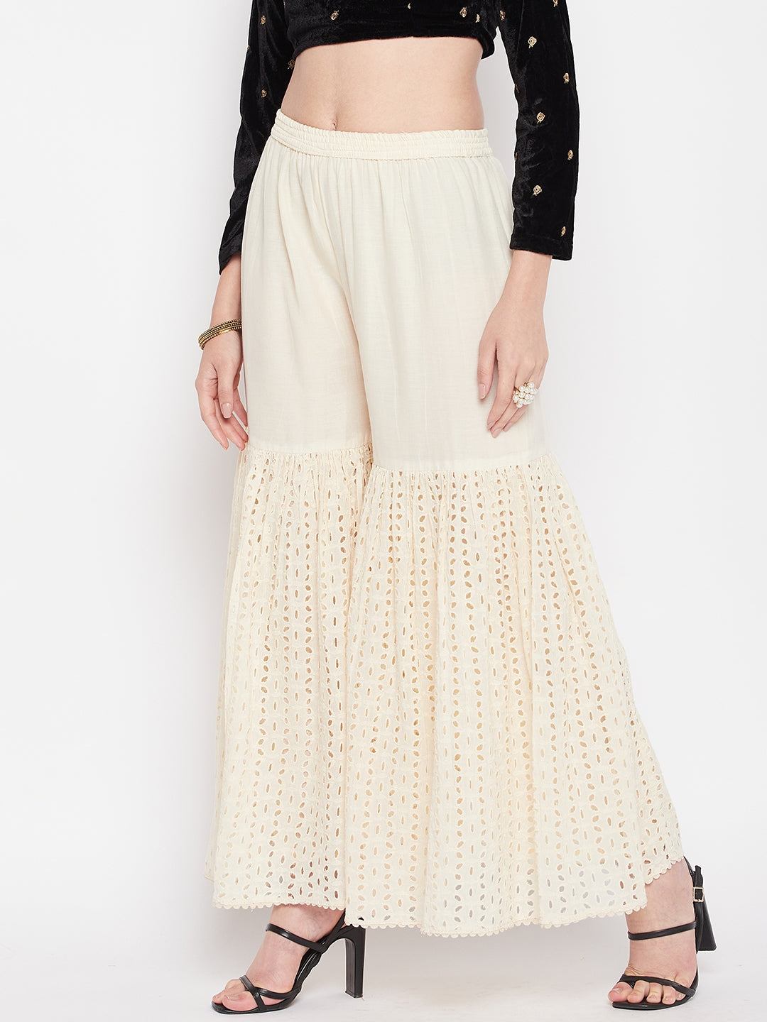 Clora Off-White Chikankari Cotton Flared Gharara