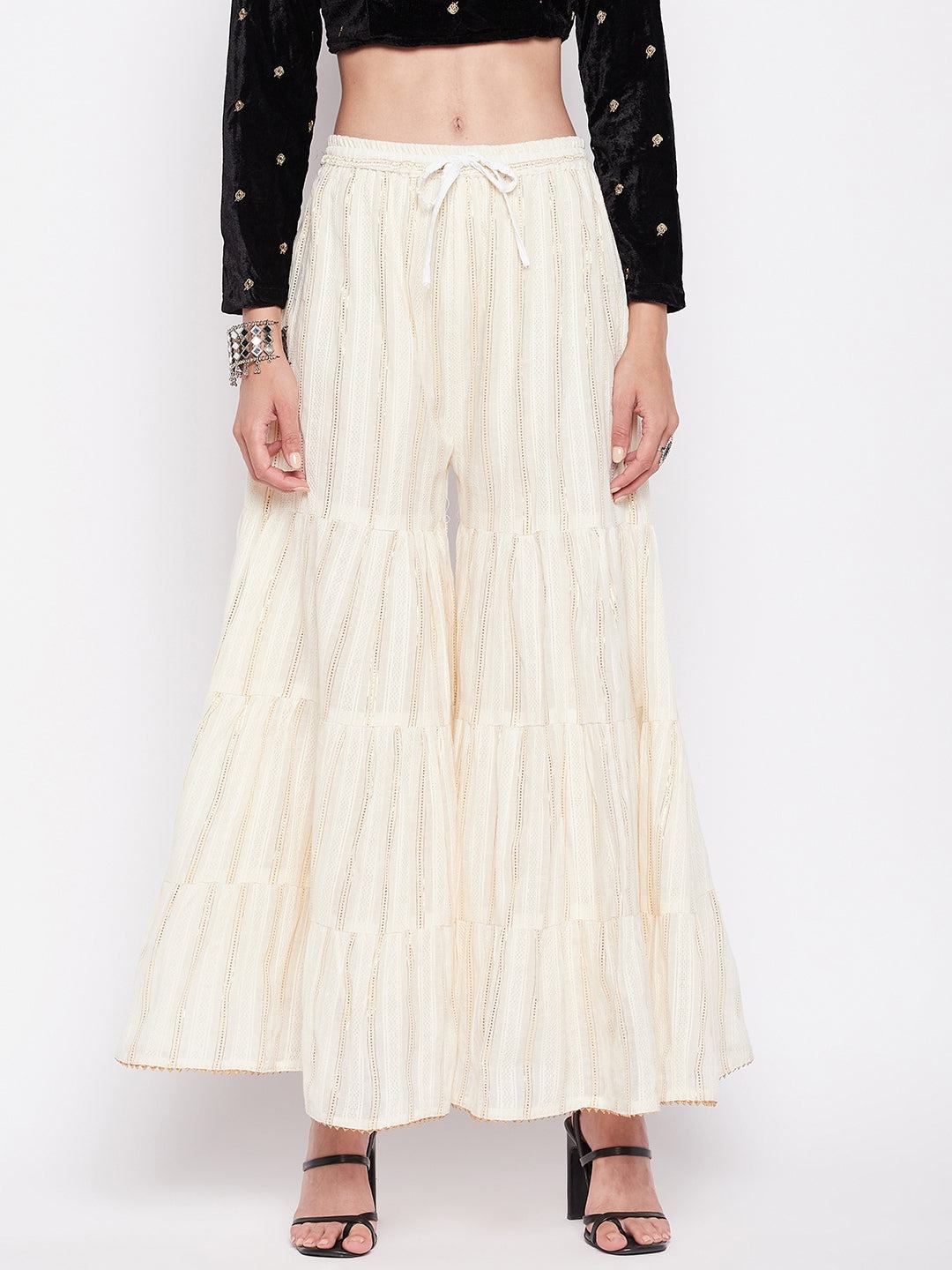 Clora Off-White Golden Lurex Embellished Cotton Gharara