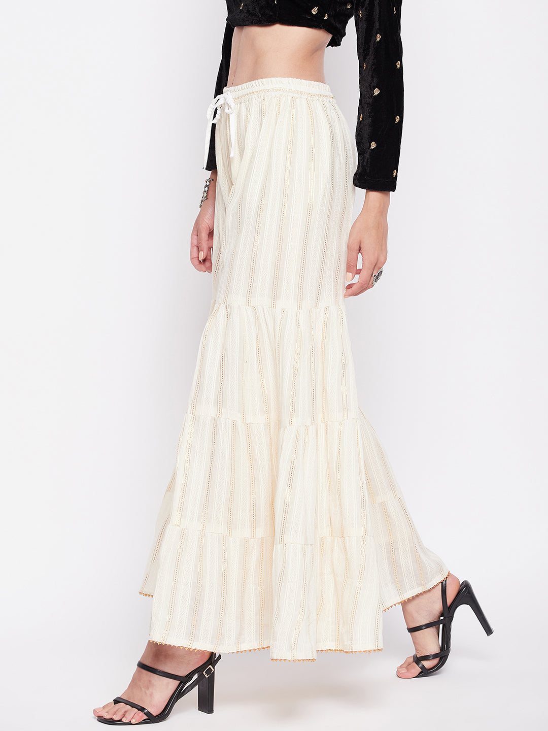Clora Off-White Golden Lurex Embellished Cotton Gharara