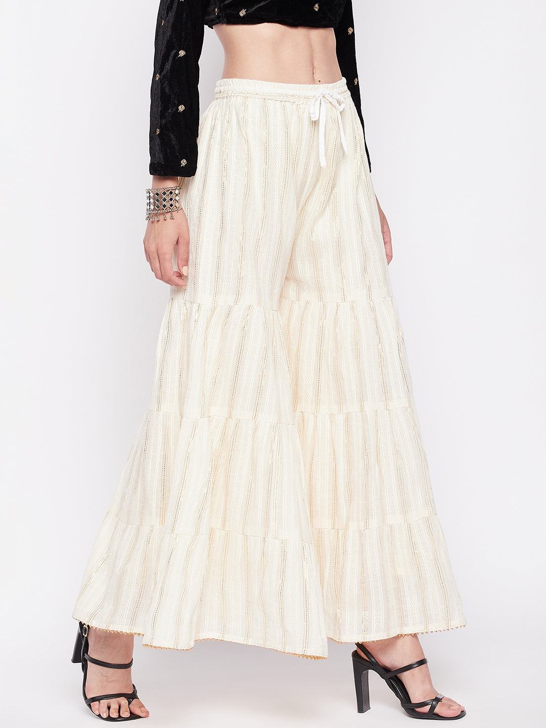 Clora Off-White Golden Lurex Embellished Cotton Gharara
