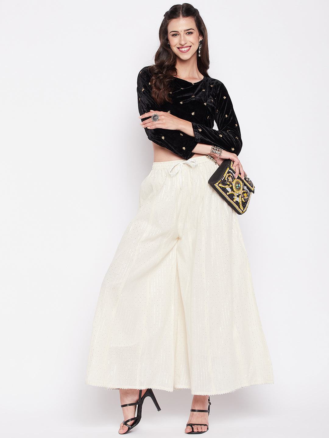 Clora Off-White Silver Lurex Embellished Cotton Sharara