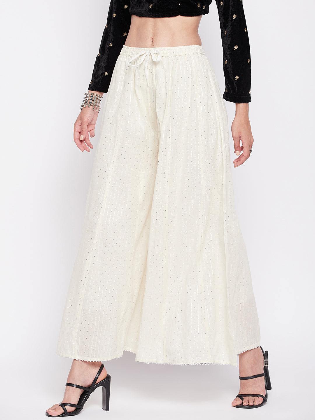 Clora Off-White Silver Lurex Embellished Cotton Sharara