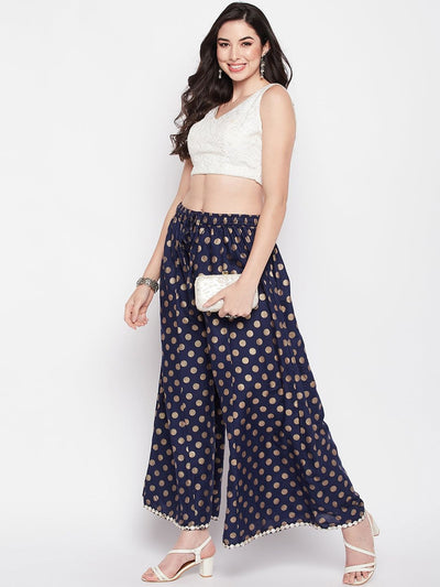 Clora Navy Blue Polka Dot Embellished Hem Rayon Sharara