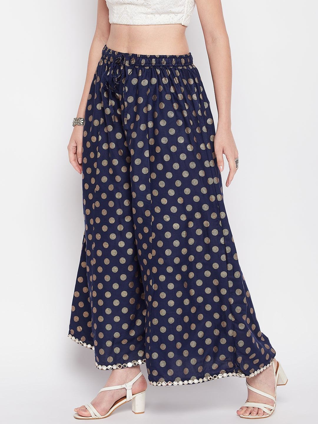 Clora Navy Blue Polka Dot Embellished Hem Rayon Sharara