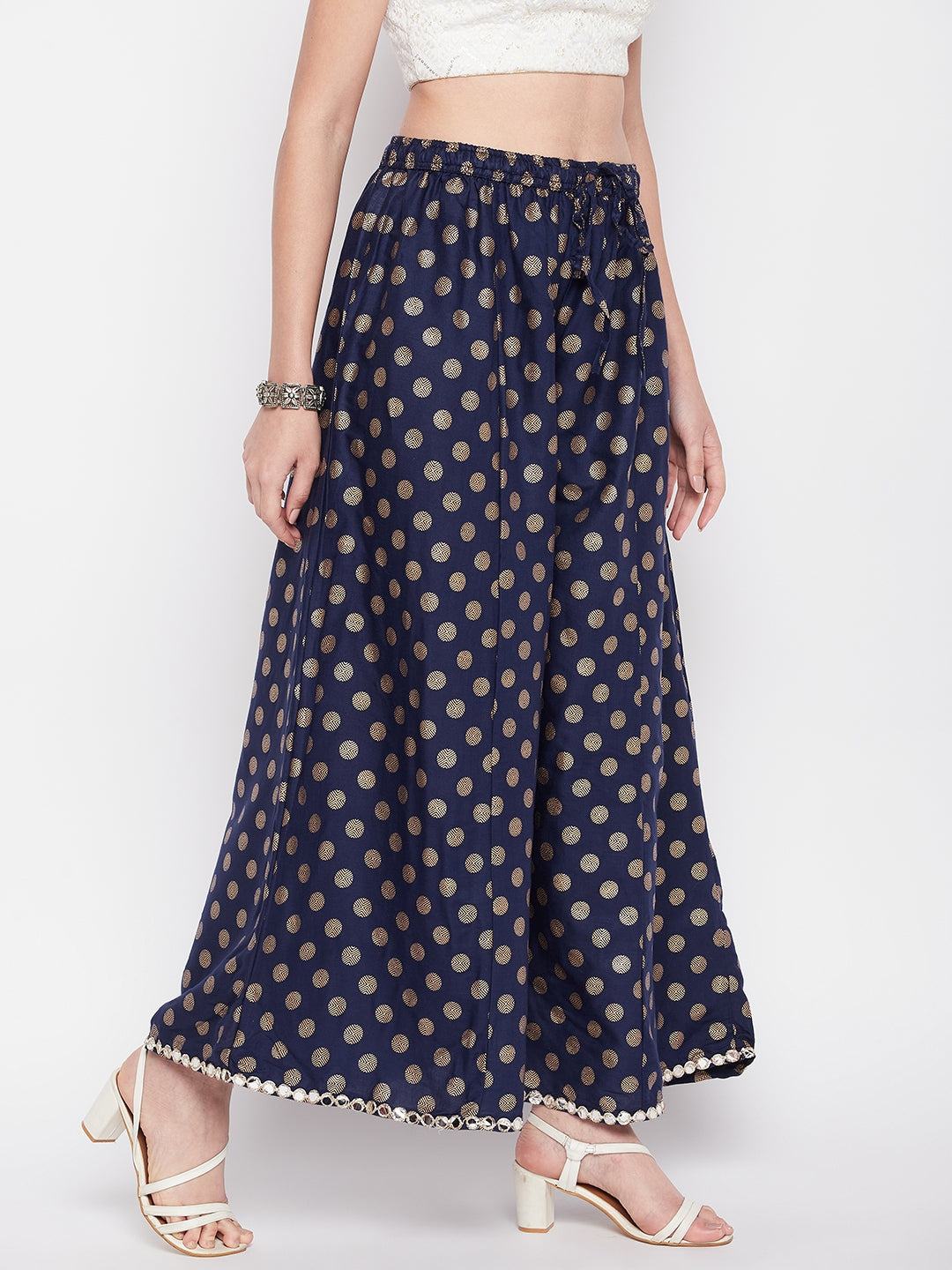 Clora Navy Blue Polka Dot Embellished Hem Rayon Sharara
