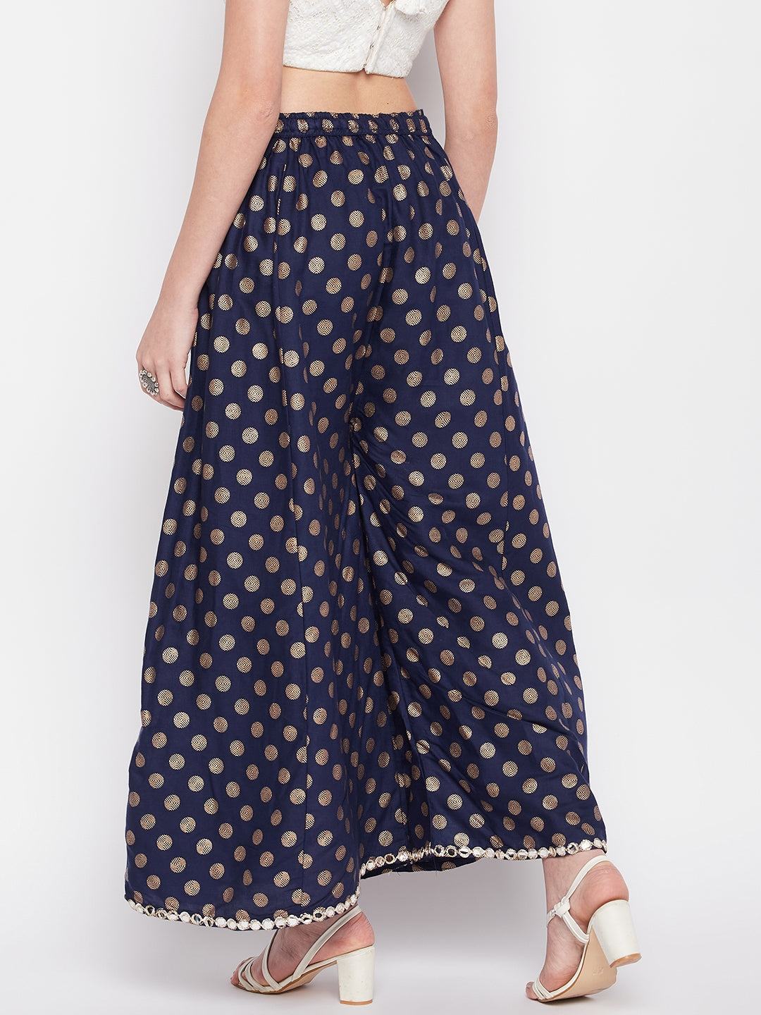 Clora Navy Blue Polka Dot Embellished Hem Rayon Sharara