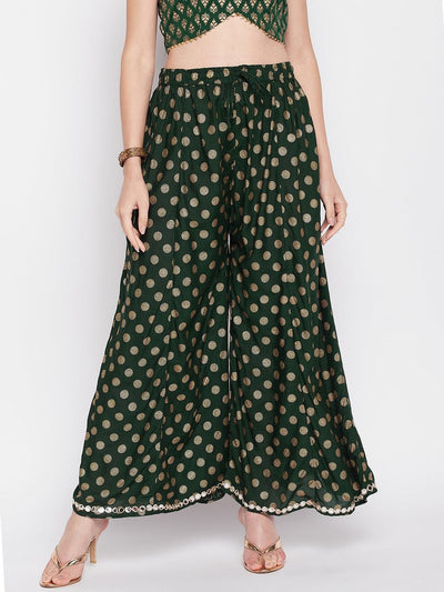 Clora Bottle Green Polka Dot Embellished Hem Rayon Sharara