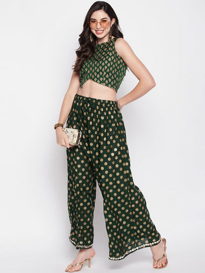 Clora Bottle Green Polka Dot Embellished Hem Rayon Sharara