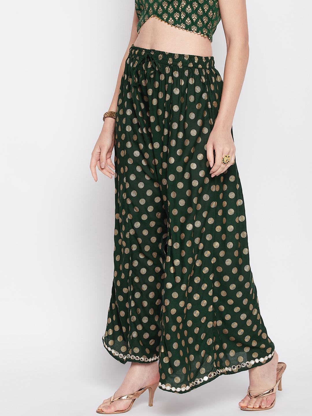 Clora Bottle Green Polka Dot Embellished Hem Rayon Sharara