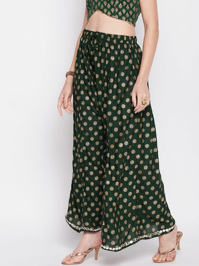 Clora Bottle Green Polka Dot Embellished Hem Rayon Sharara