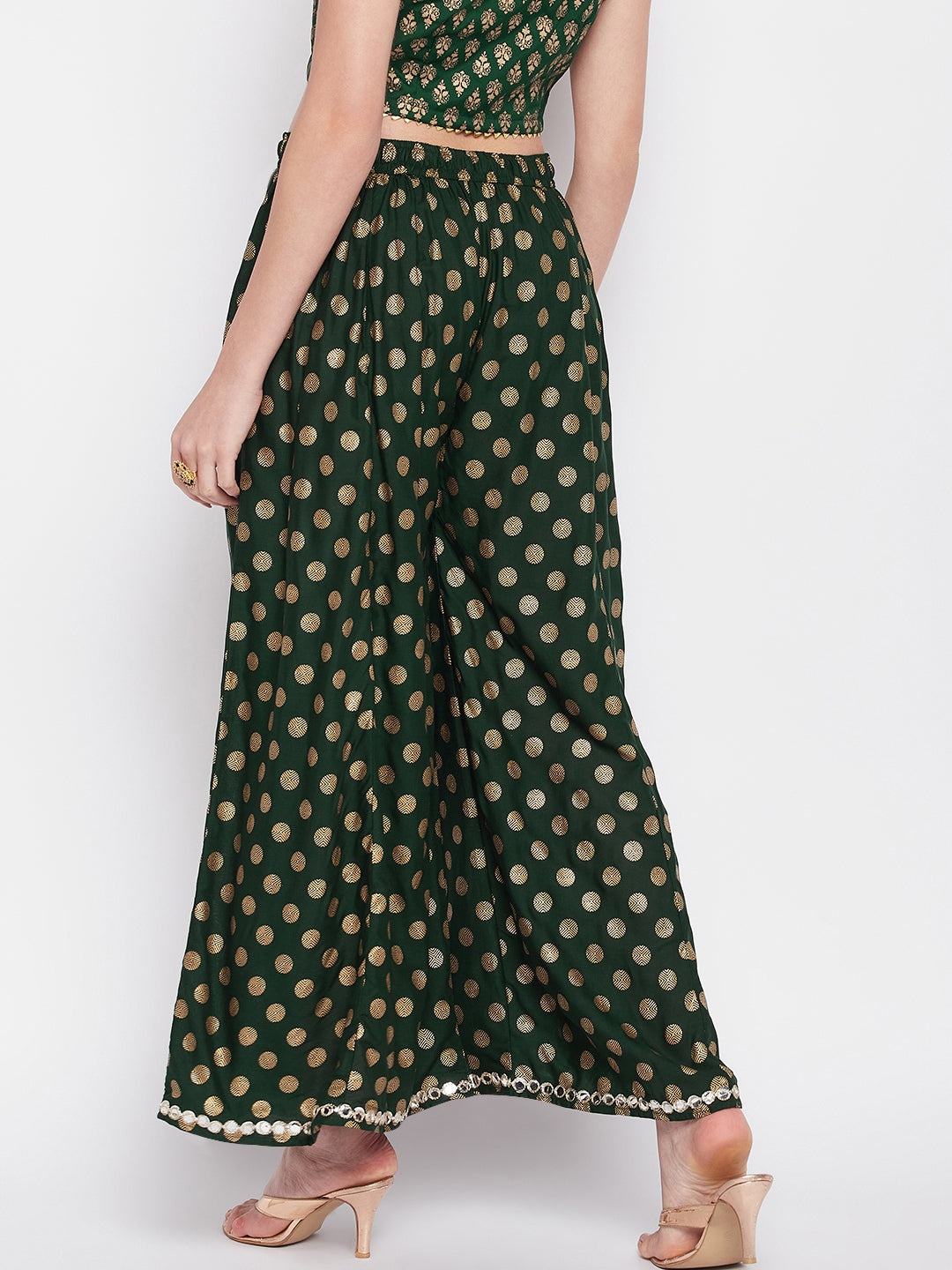 Clora Bottle Green Polka Dot Embellished Hem Rayon Sharara
