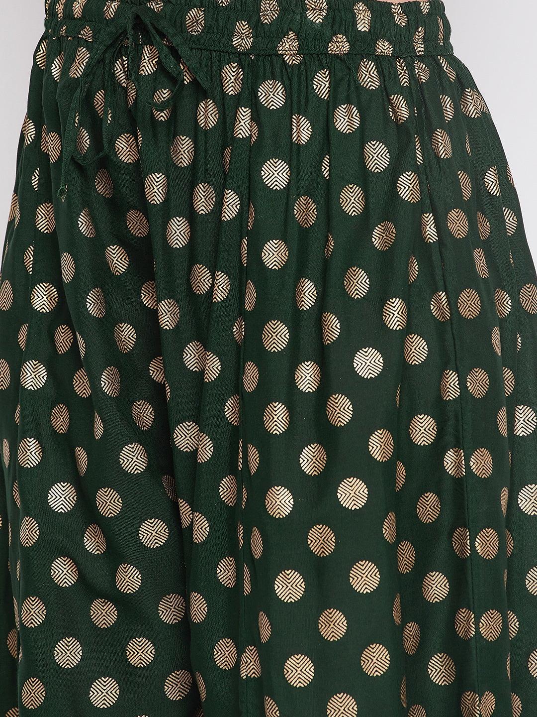 Clora Bottle Green Polka Dot Embellished Hem Rayon Sharara