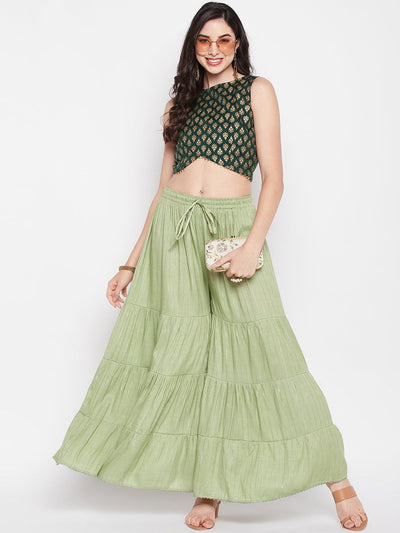 Pista Green Embellished Rayon Gharara with flared hem and elasticated waistband.
