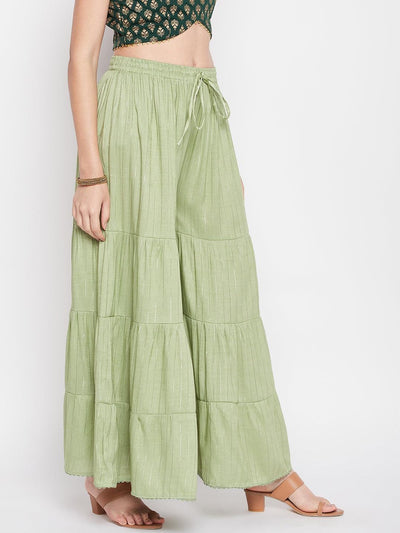 Pista Green Embellished Rayon Gharara with Flared Hem and Elasticated Waistband