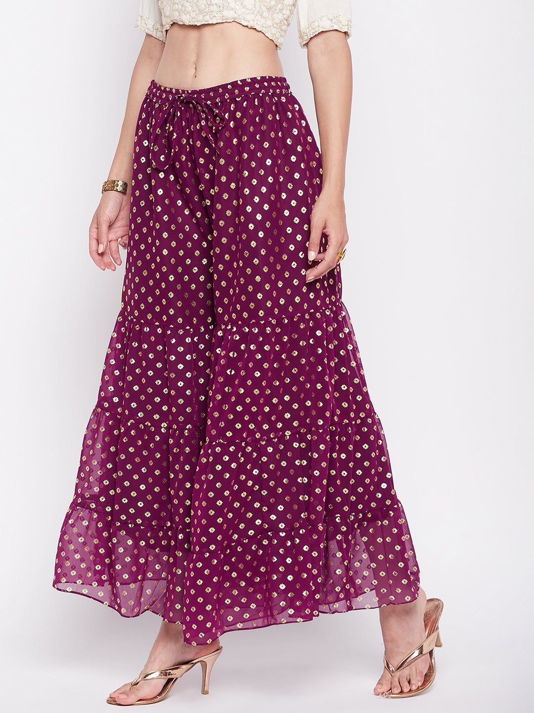 Clora Wine Foil Printed Georgette Gharara