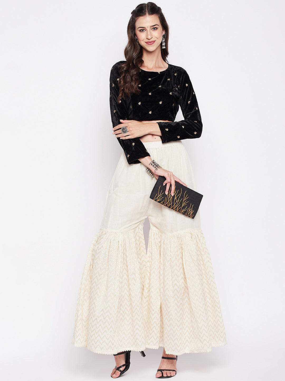 Off-White self-design cotton gharara with elasticated waistband and drawstring.
