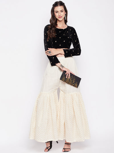 Off-White self-design cotton gharara with elasticated waistband and drawstring.