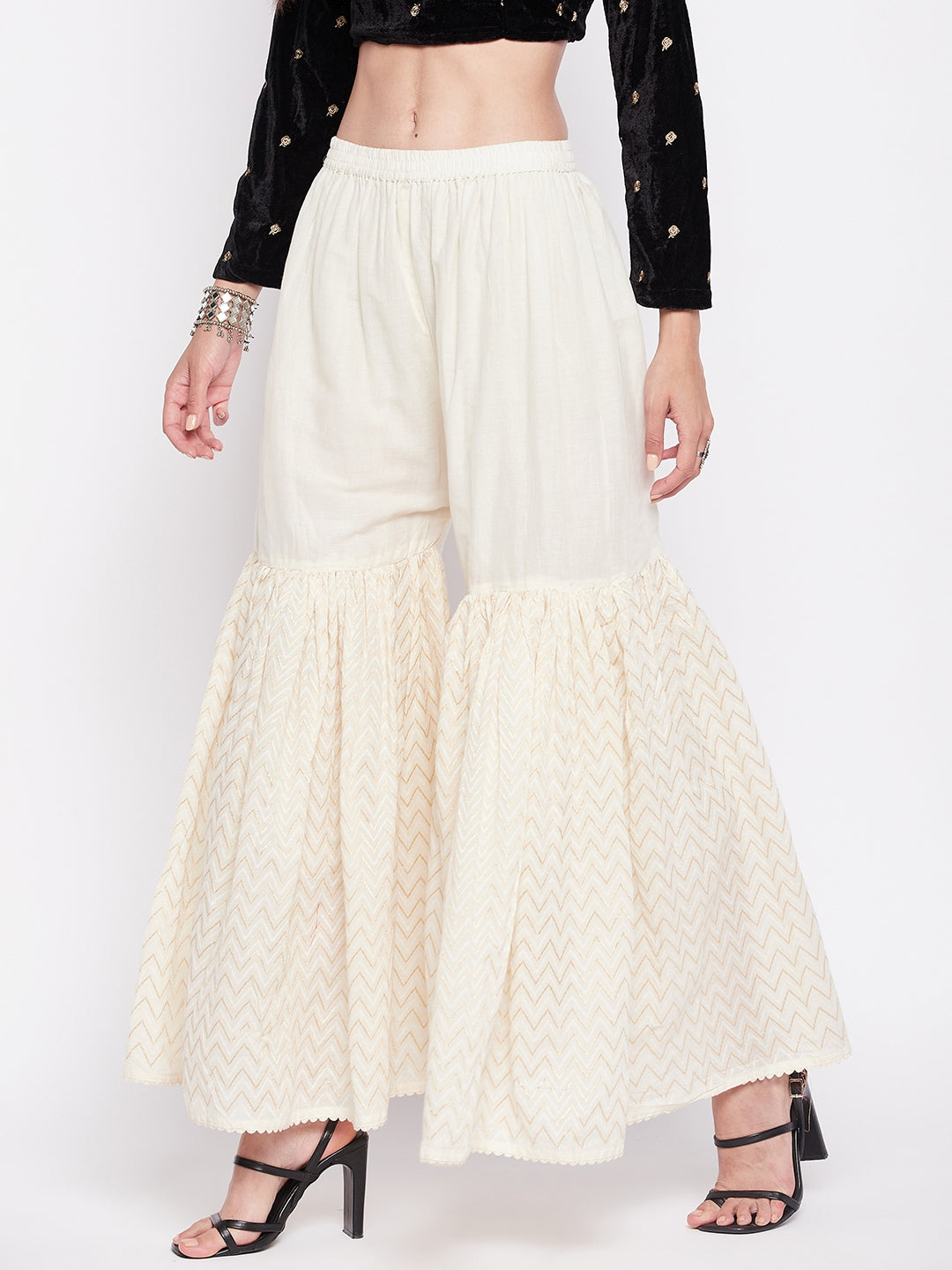 Off-White Self Design Cotton Gharara with Elasticated Waistband and Drawstring.