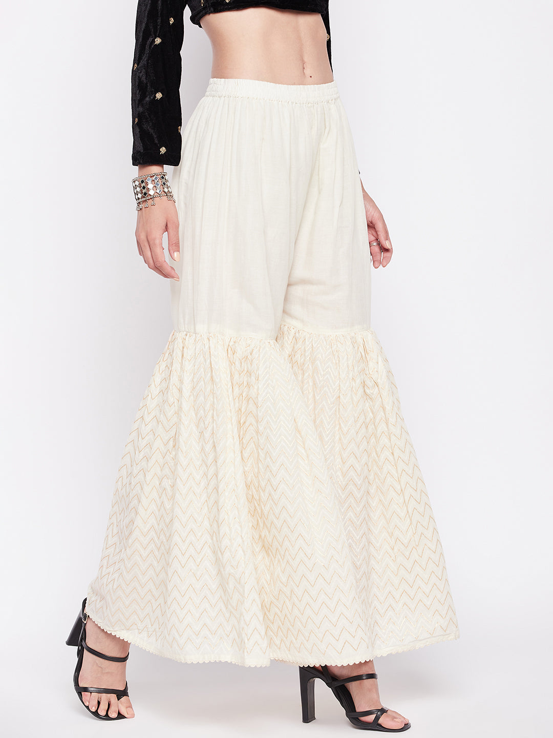 Off-White Self Design Cotton Gharara with Elasticated Waistband and Drawstring