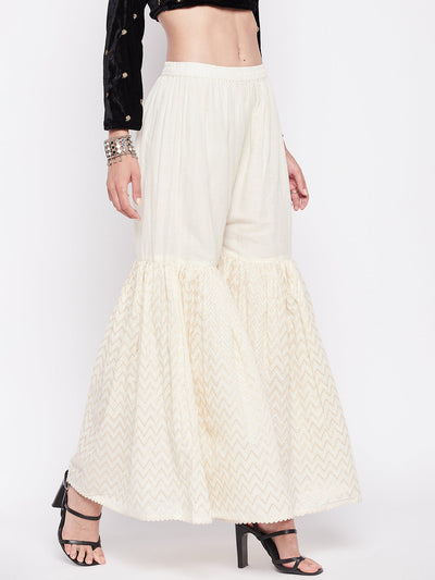 Off-White Self Design Cotton Gharara with Elasticated Waistband and Drawstring