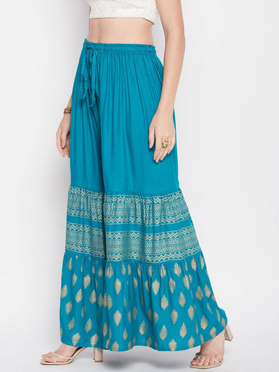Rama Green Printed Rayon Flared Gharara with Elasticated Waistband and Drawstring.