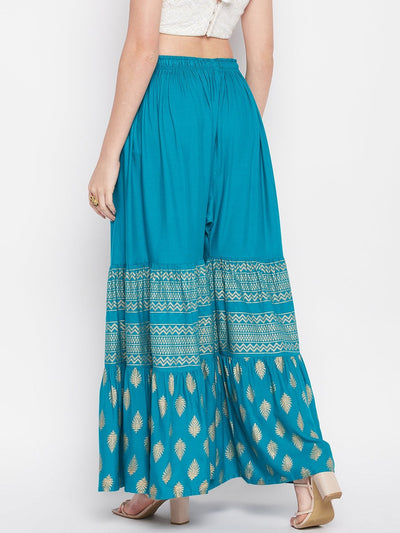 Rama Green Printed Rayon Flared Gharara with Elasticated Waistband and Drawstring.