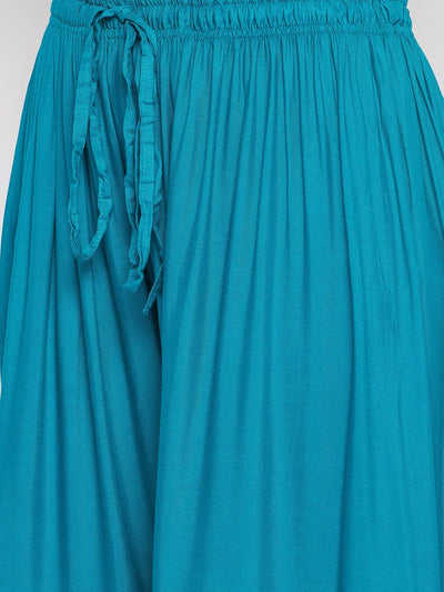 Rama Green Printed Rayon Flared Gharara with elastic waistband and drawstring.