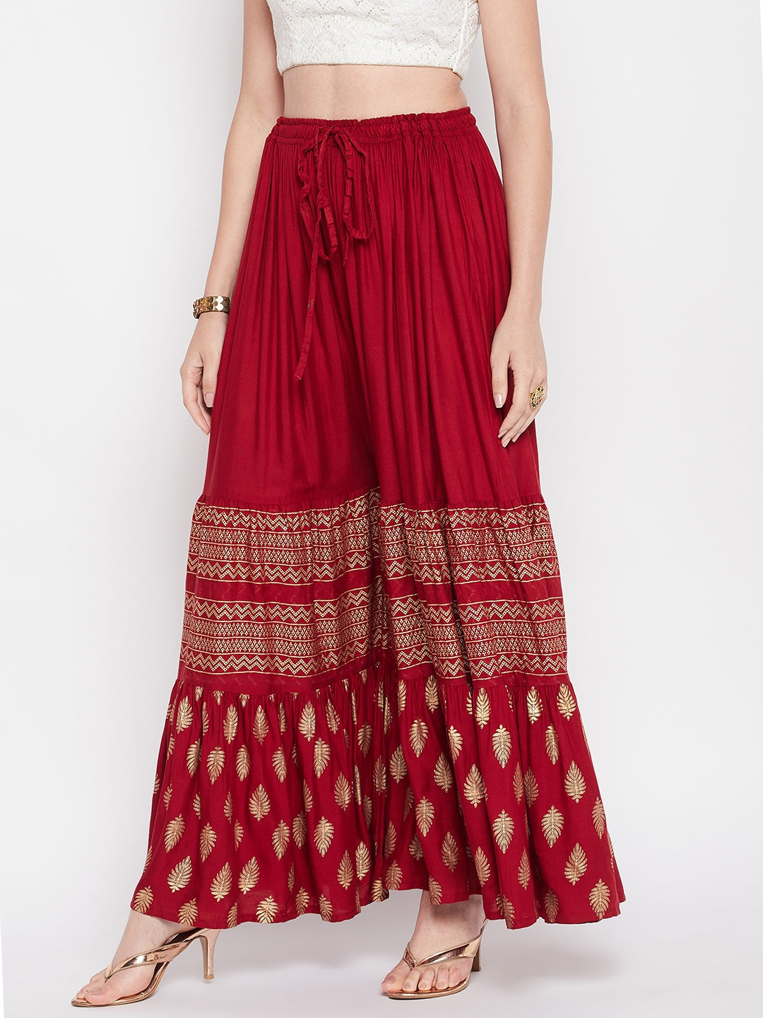 Clora Maroon Printed Rayon Flared Gharara