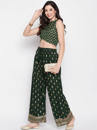 Clora Bottle Green Printed Straight Palazzo