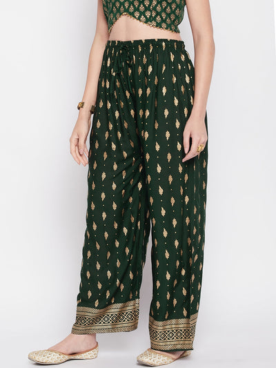 Clora Bottle Green Printed Straight Palazzo