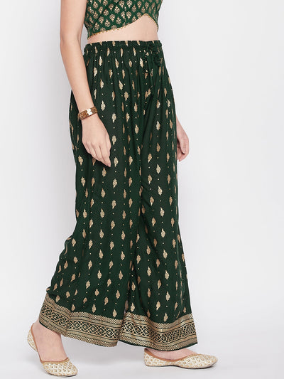 Clora Bottle Green Printed Straight Palazzo