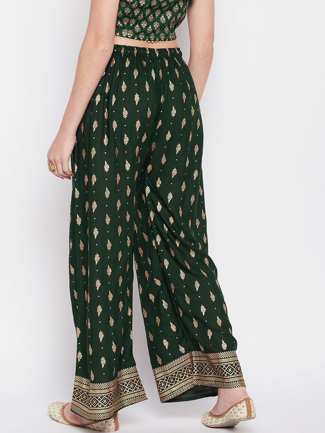 Clora Bottle Green Printed Straight Palazzo
